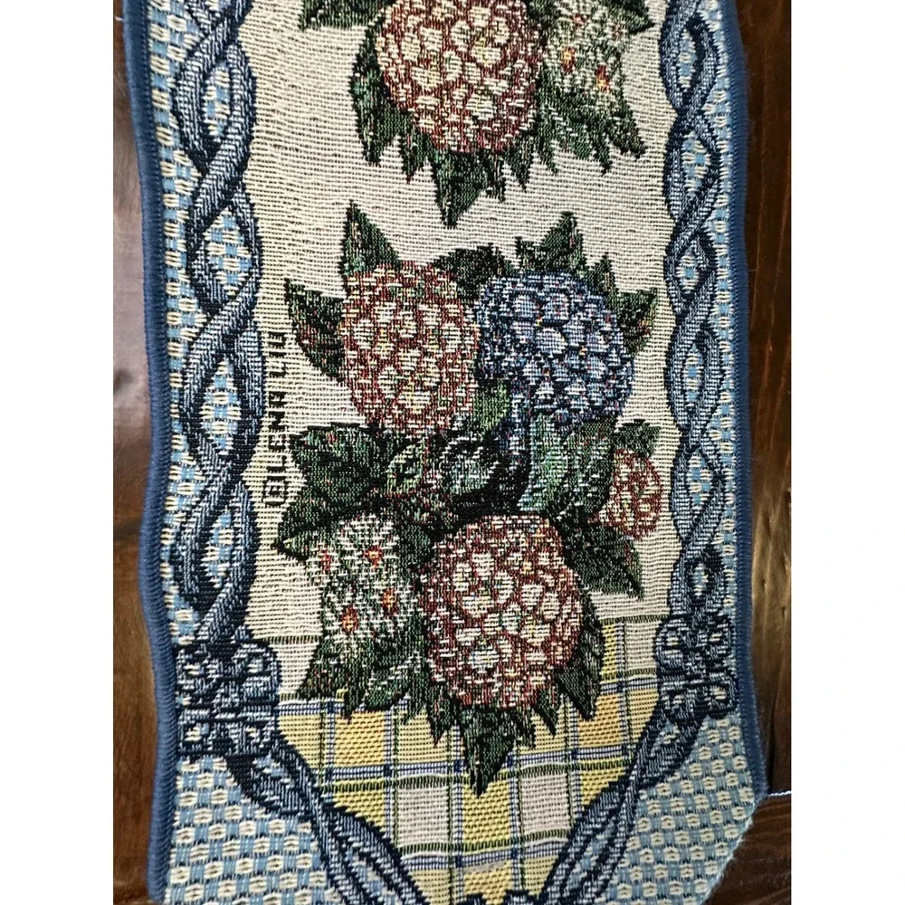 Floral Tapestry Wall Hanging Vertical Blue Tassel Wooden Dowel 48 in